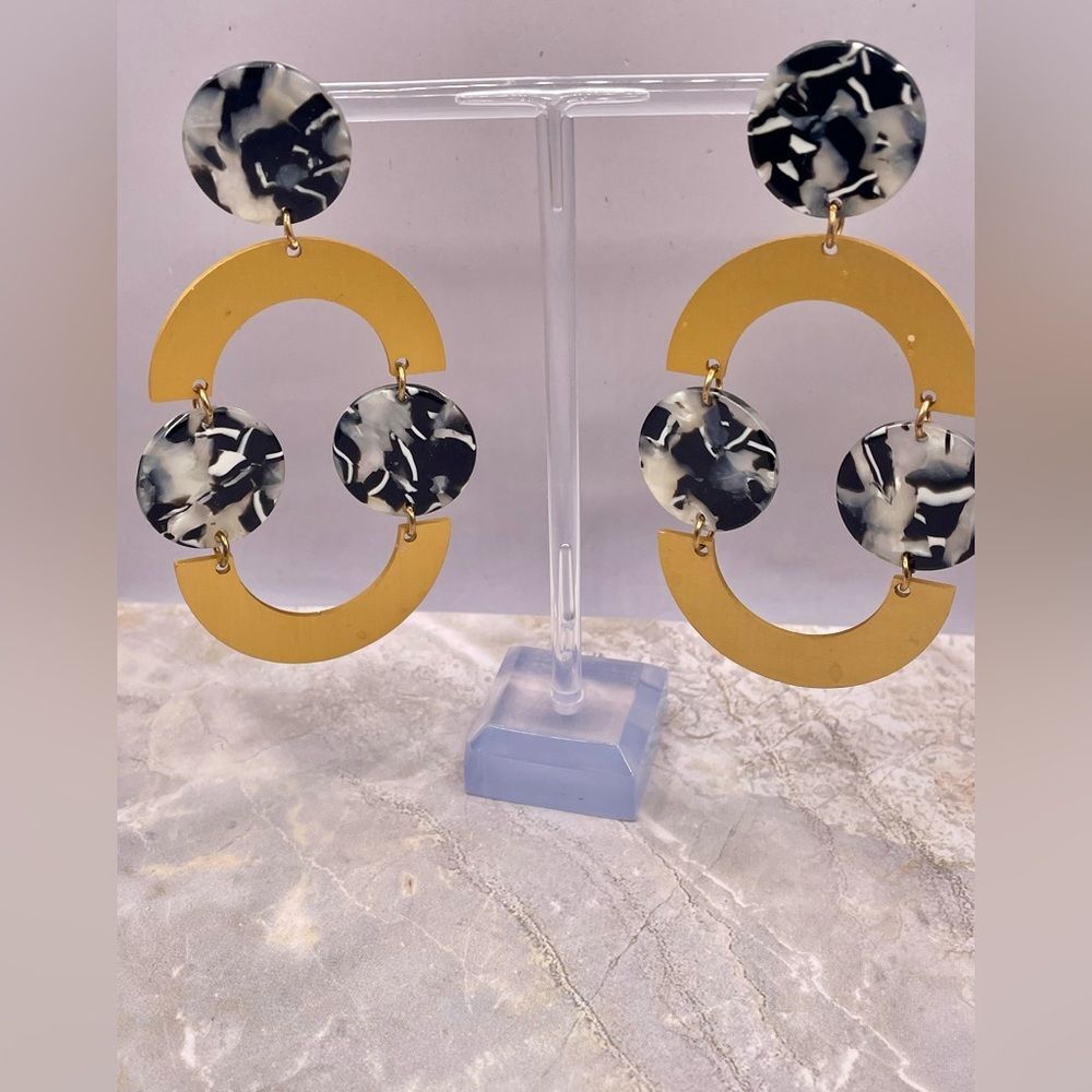Black Marble Print Acrylic Circles with Brass Tone Accent Dangle Earrings